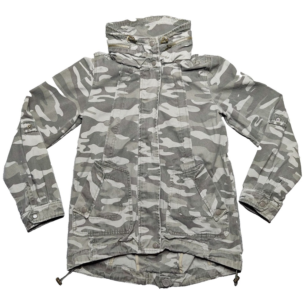 JOLT Women Small Camo Gray Cotton Full‎ Zip Hooded Military Utility Jacket